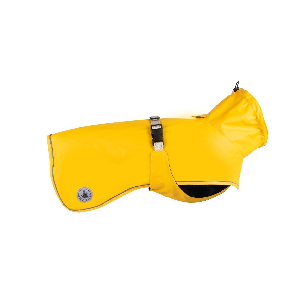 Yellow dog raincoat with a strap on a white background with body glove logo.