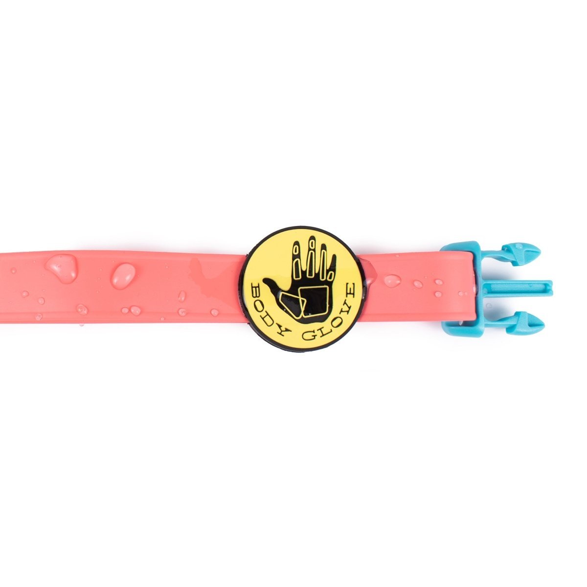 Pink rubber glove with a yellow Body Glove label on a white background