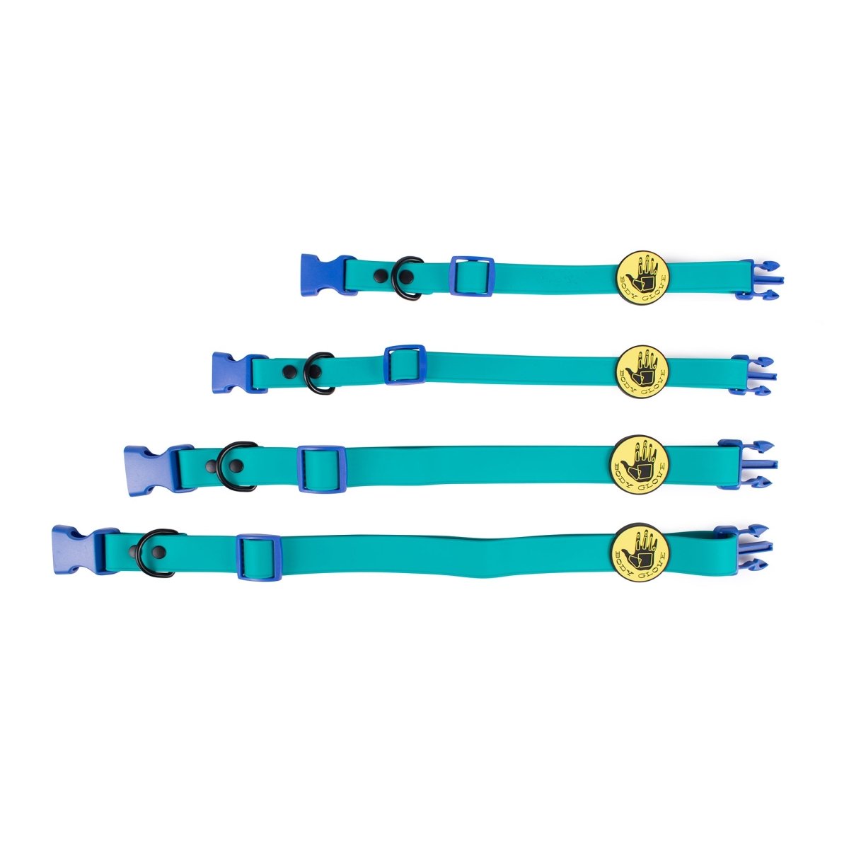 Set of three turquoise dog collars with Body Glove tags on a white background