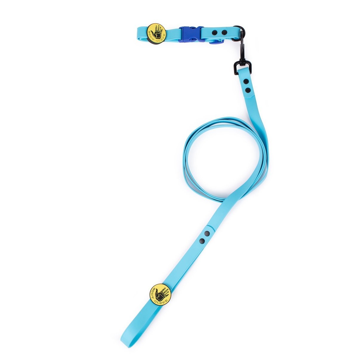 Blue Body Glove dog leash with a clip on a white background