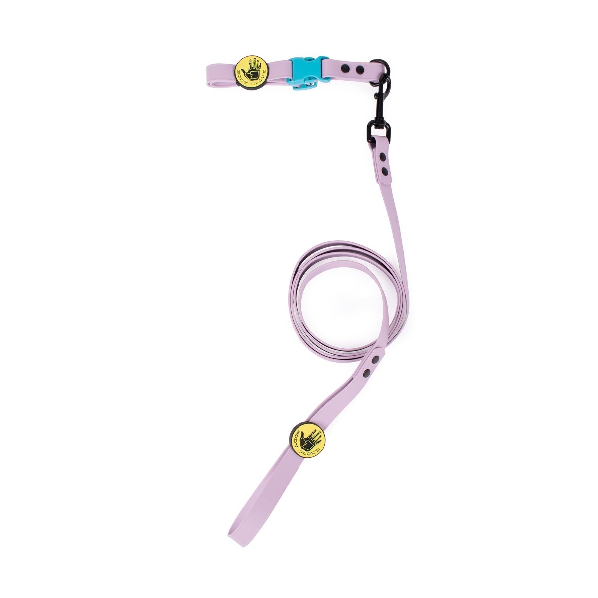 Pink Body Glove dog collar and leash set with colorful accents on a white background