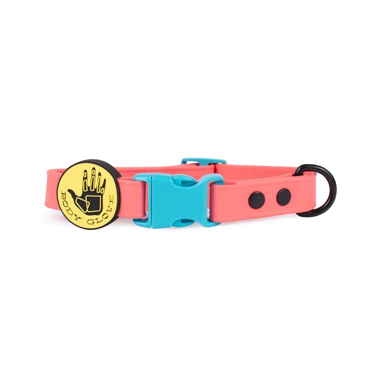 Body Glove dog collar with a pink band, blue buckle, and yellow tag on a white background