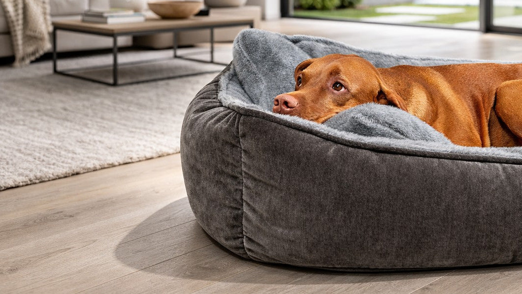 Vizsla relaxing in a grey plush Bowsers dog bed in a bright living room