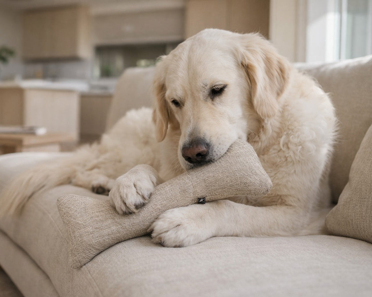 Golden retriever resting its head on a Bowsers Bumper Bone dog pillow on a cream sofa