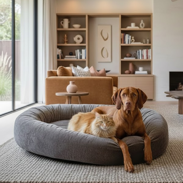 Bowsers donut dog bed with a large dog and a cat in a modern living room.