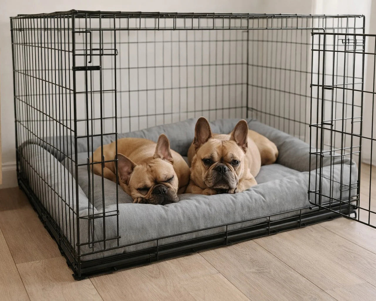Two french bulldogs inside a dog crate with Bowsers quality dog crate mat in grey color.