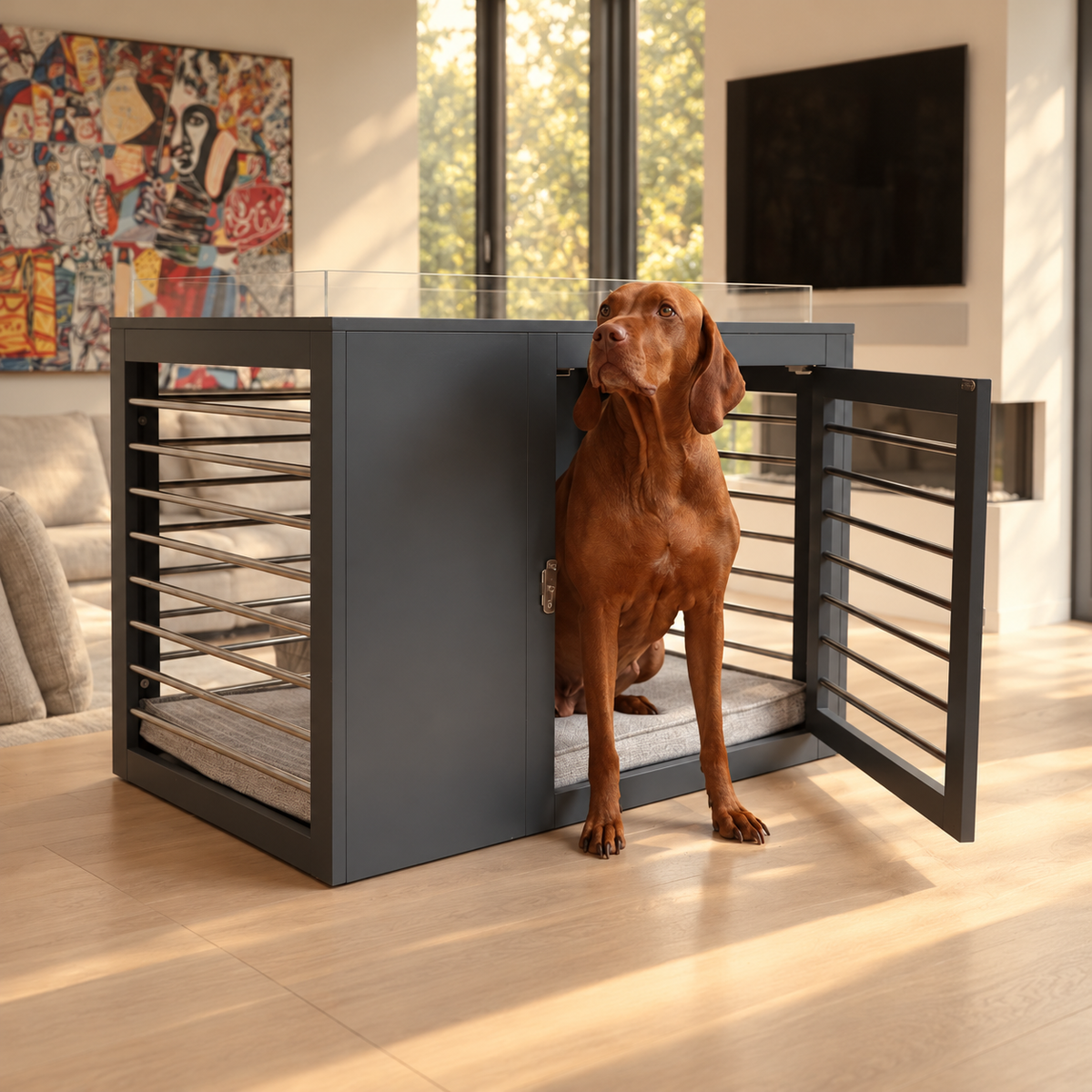 Vizsla dog inside a wood dog crate furniture with a crate mat in a stylish home
