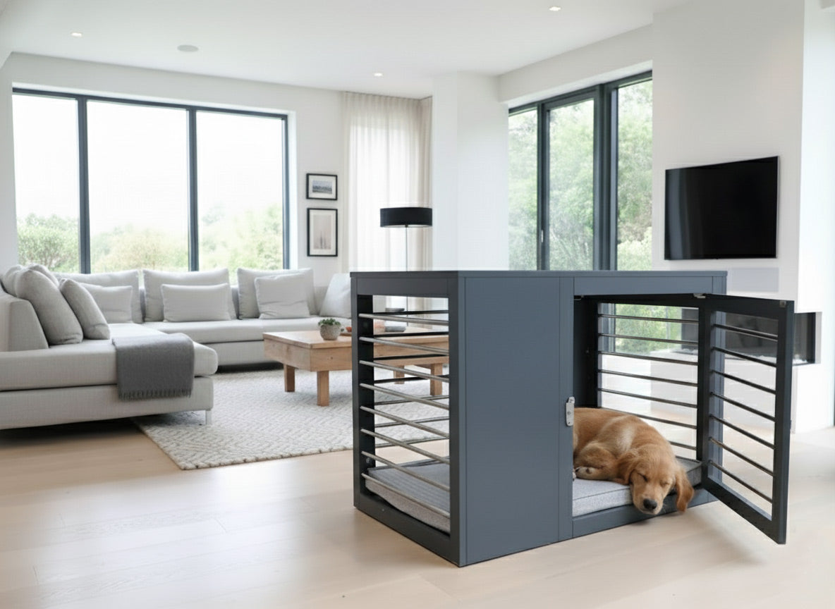 Modern living room with a retriever puppy bed inside a stylish wood crate