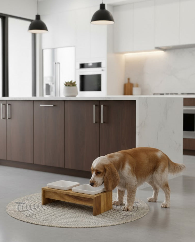 Cocker spaniel dog eating from a raised wooden pet feeder in a modern kitchen.
