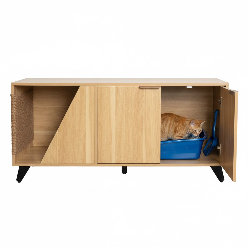 Wooden cat litter box enclosure with a cat inside a blue litter box inside a wood cabinet