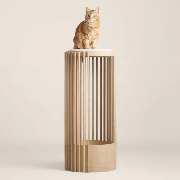 Cat sitting on a cylindrical wooden cat tree with vertical slats against a beige background