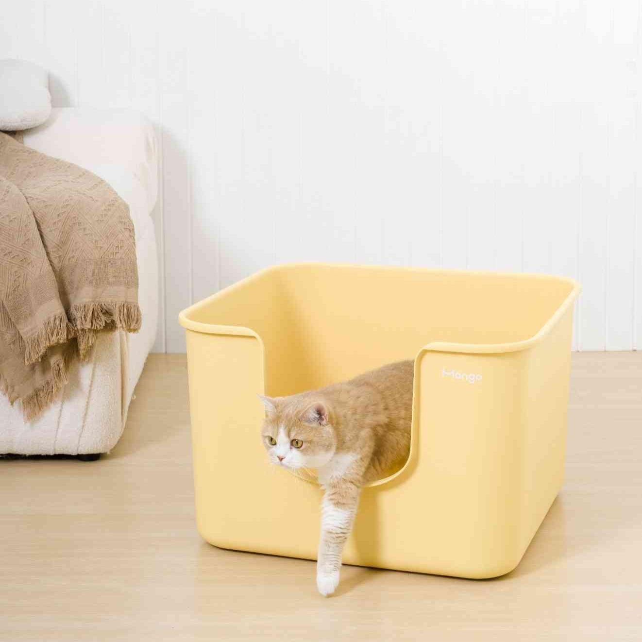 Cat peeking out from a yellow XXL cat litter box