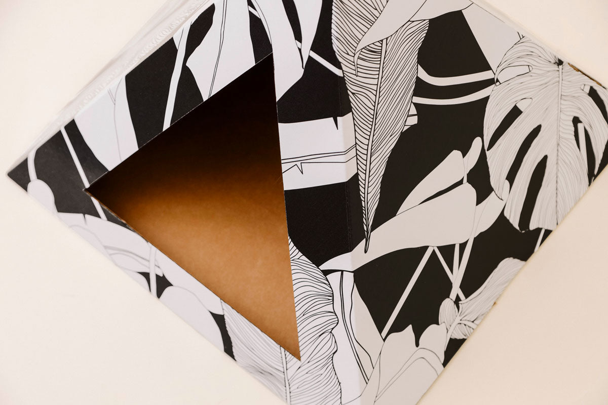 Patterned cat box with black and white design on a beige background