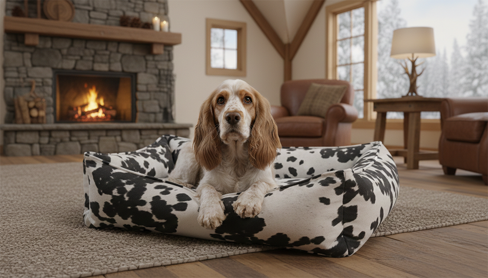 Cocker Spaniel dog resting on a rustic cowhide dog bed in a modern lodge-style interior with a stone fireplace.
