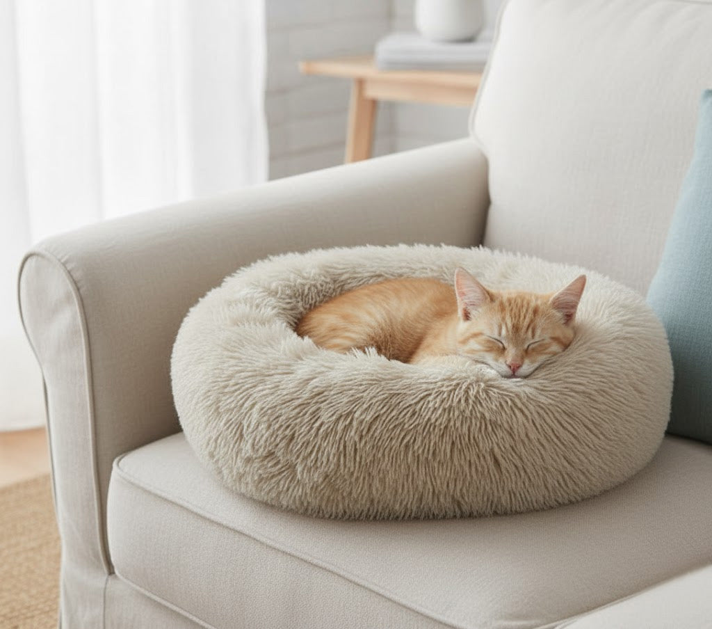 Cat sleeping on a fluffy pet bed in a cozy living room.