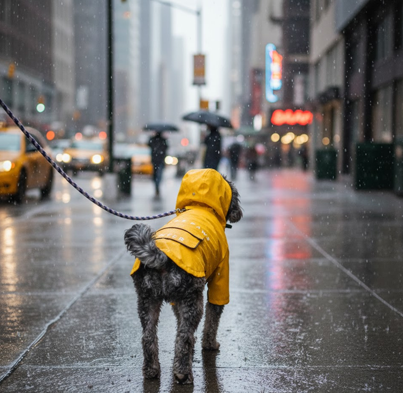 Dog with yellow raincoat in new york city