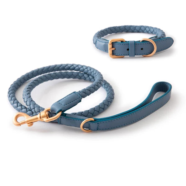 Ferdinando Nappa Leather Dog Leash Collar Set Blue