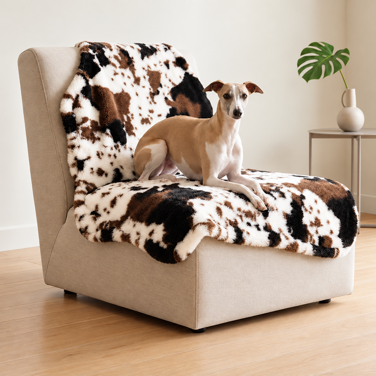 A tan and white dog sits on a cream upholstered armchair draped with a plush faux-fur pet blanket featuring a black, brown, and white cow-print pattern