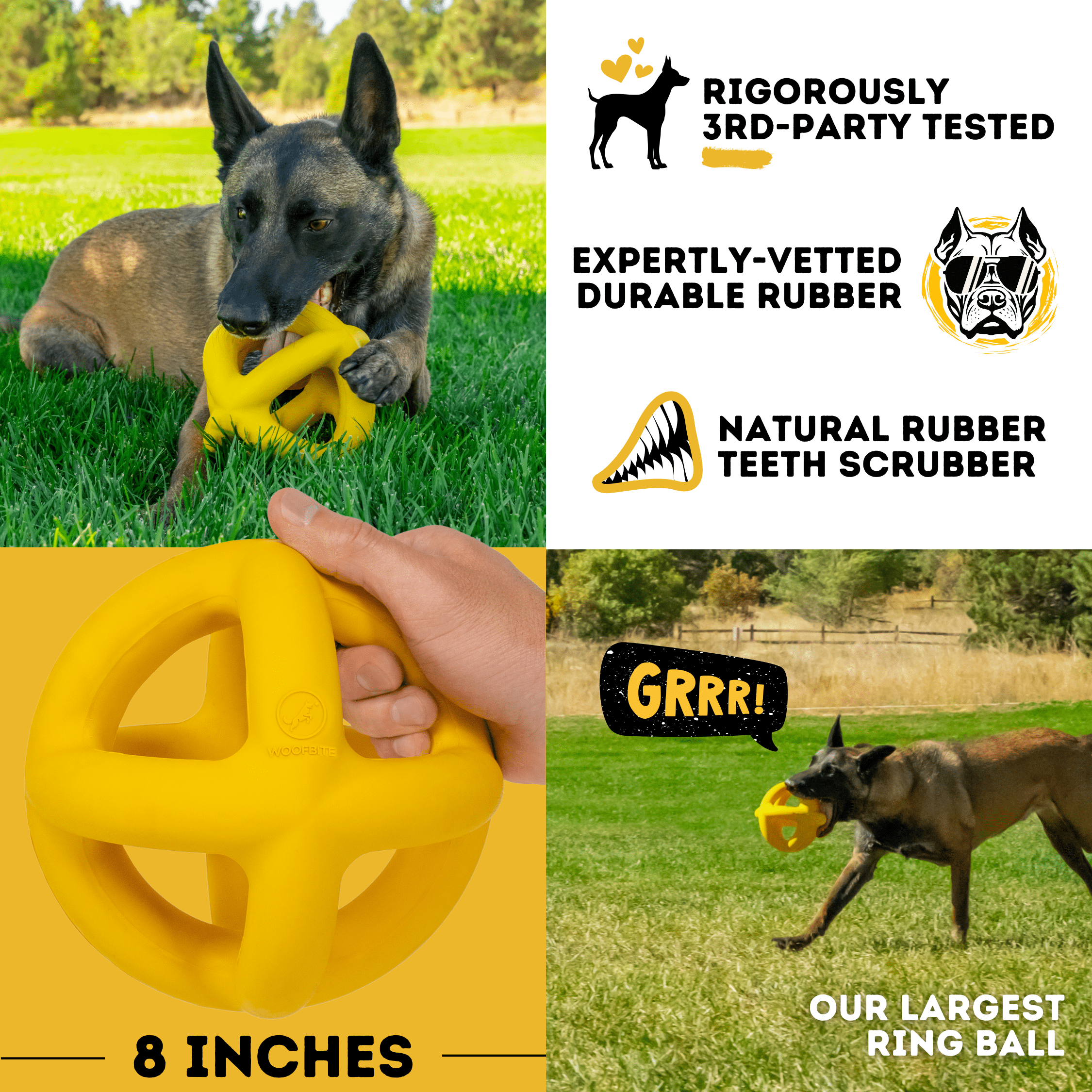 Dog playing with a yellow ring ball in a grassy field, with product details and branding on the right.