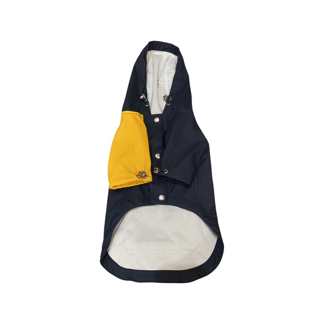Navy blue raincoat with yellow patch on a white background
