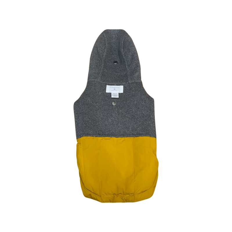 Gray and yellow sleeveless dog jacket with a hood on a white background