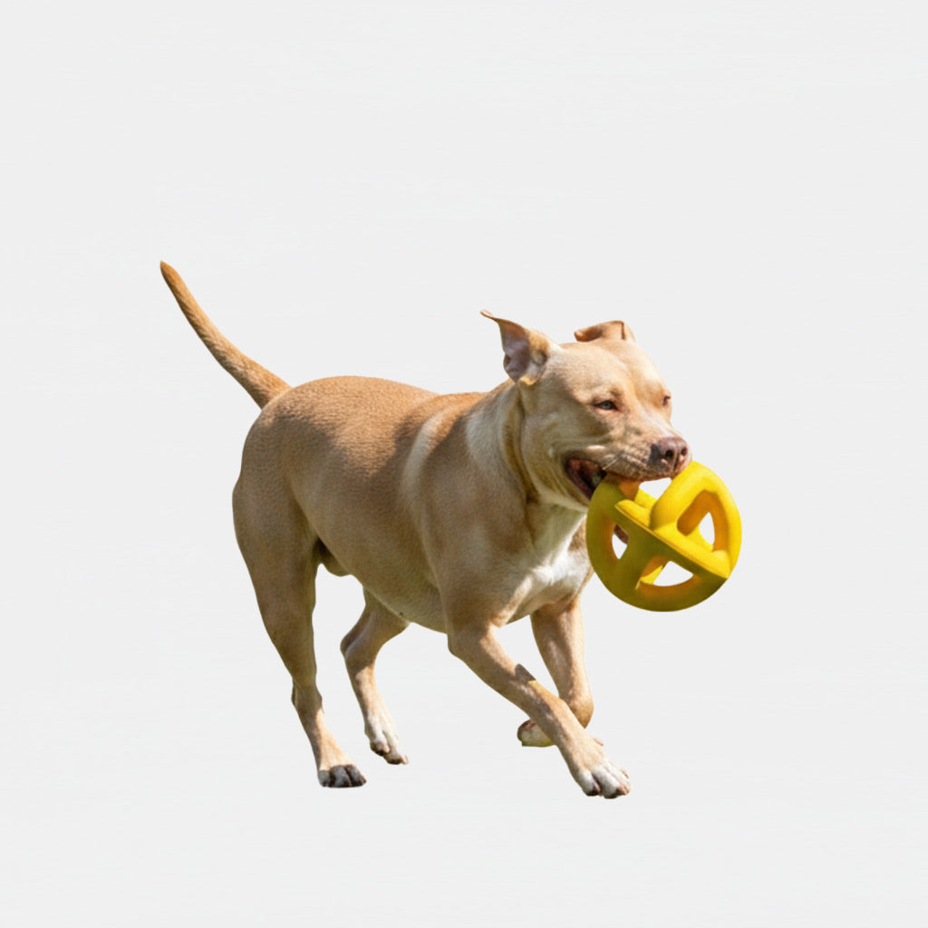 Pitbull dog running with a yellow chew toy on a white background