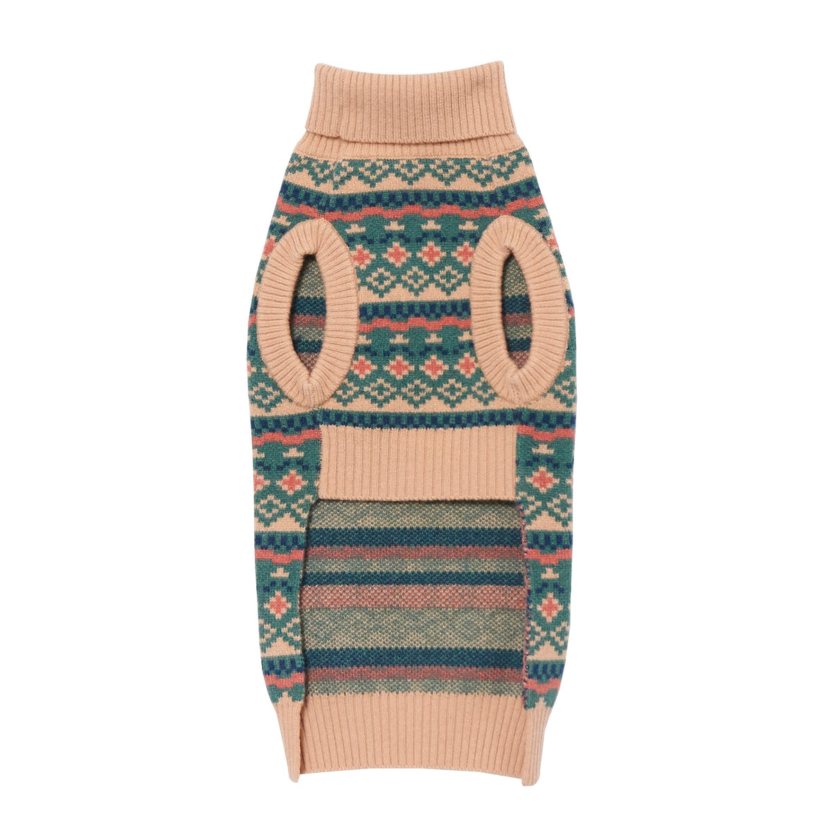 Jacquard merino wool dog sweater, back view with harness opening
