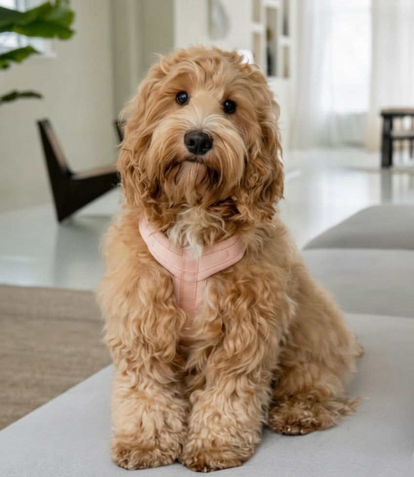 Brown female dog sitting with a chic stylish pink harness