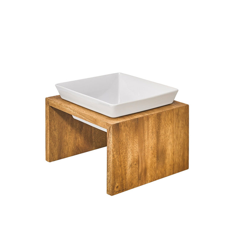 Ceramic dog bowl with wood stand