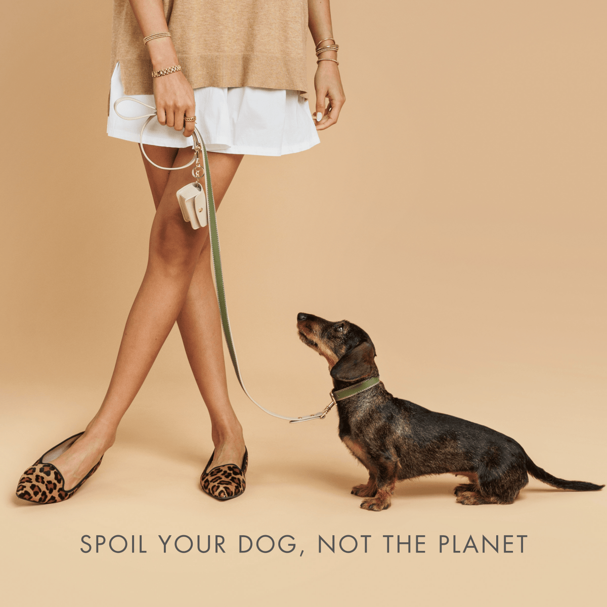 Person holding a dog leash with a dachshund on a beige background, with text 'Spoil your dog, not the planet'.