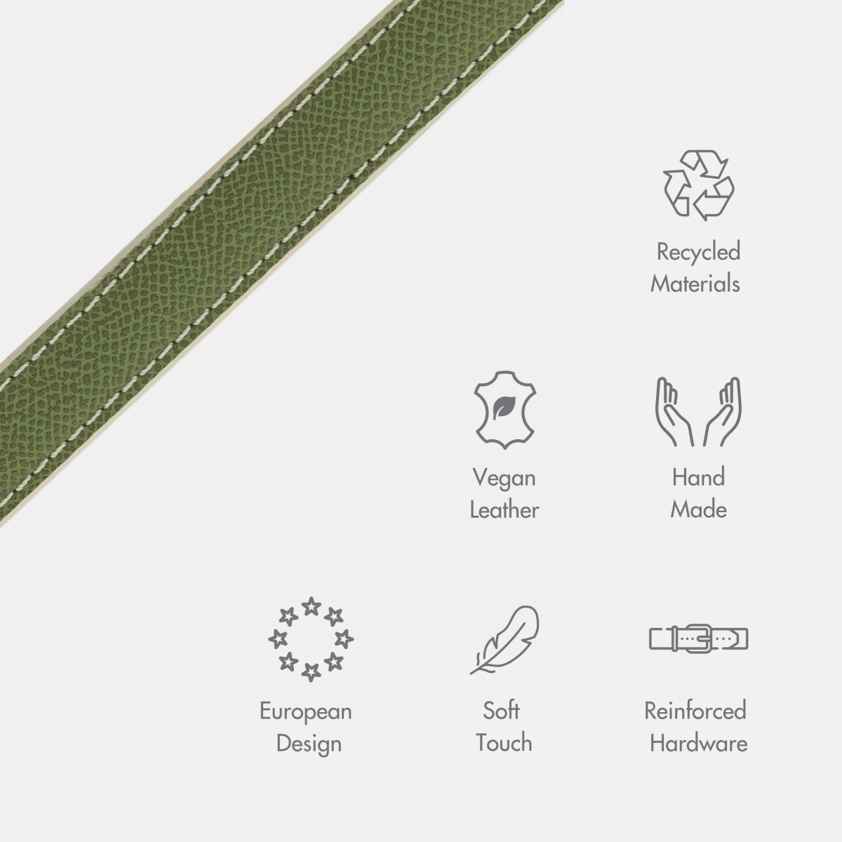 Green vegan leather strap with sustainability icons on a white background