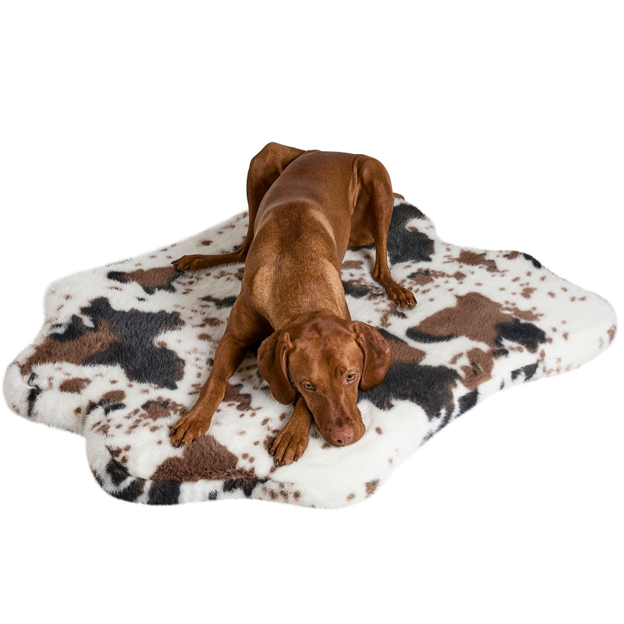 Large dog lying on a cow print rug with a white background