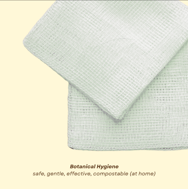 Light green fabric with 'Botanical Hygiene' text on a beige background