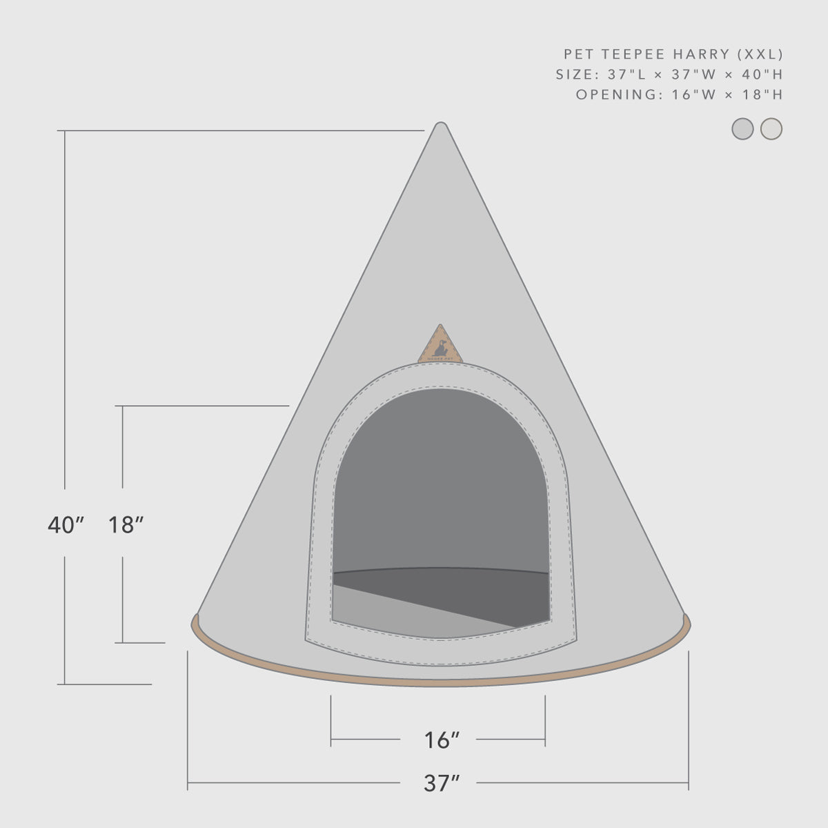 Nooee Pet Cave Harry XXL in gray size diagram: 37 in wide, 40 in tall, 16 x 18 in door opening