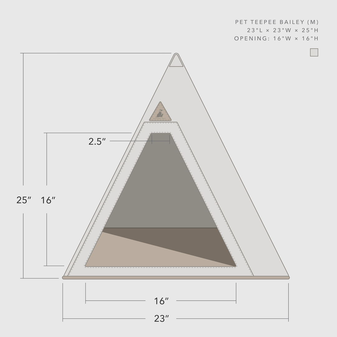 Nooee Teepee Bailey size guide: 25 inches tall, 23 inch base, 14 by 16 inch opening