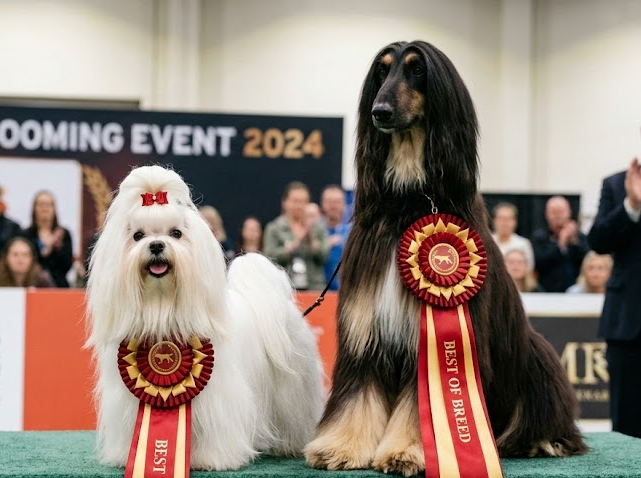 Two long hair dogs winning a competition who were groomed with norfie scissors