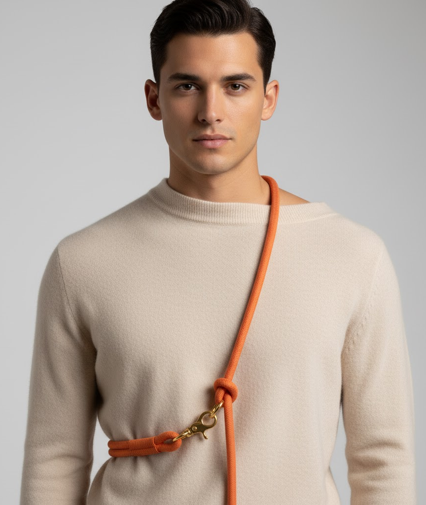 Man wearing a beige sweater with an orange dog leash hands-free his shoulder against a gray background