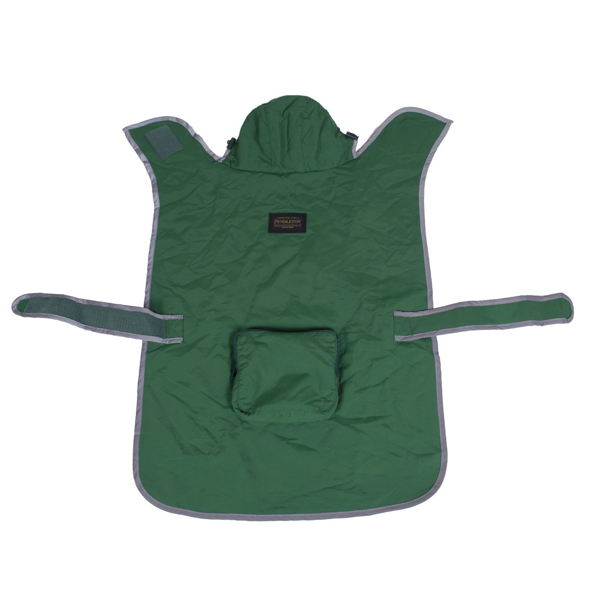 Green pendleton dog rain jacket with a hood on a white background