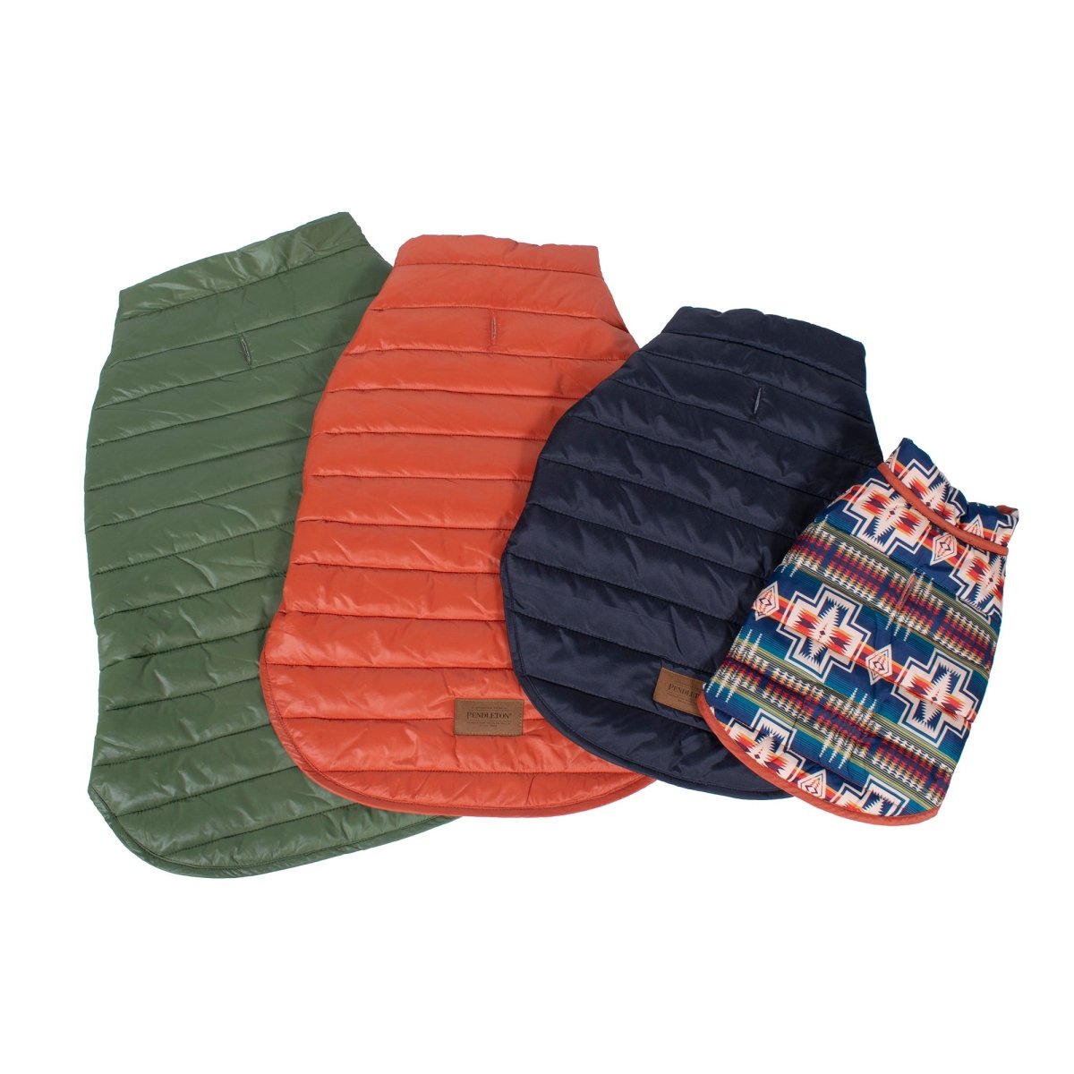 Four different colored Pendleton puffer dog coats for winter