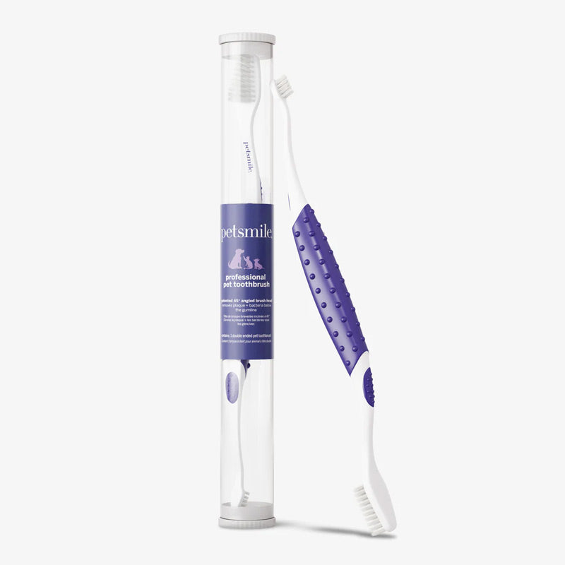 Pet toothbrush with petsmile packaging on a white background