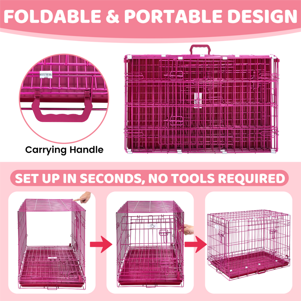 Collapsible Pink Dog Crate Small to XL Size Up to 42"