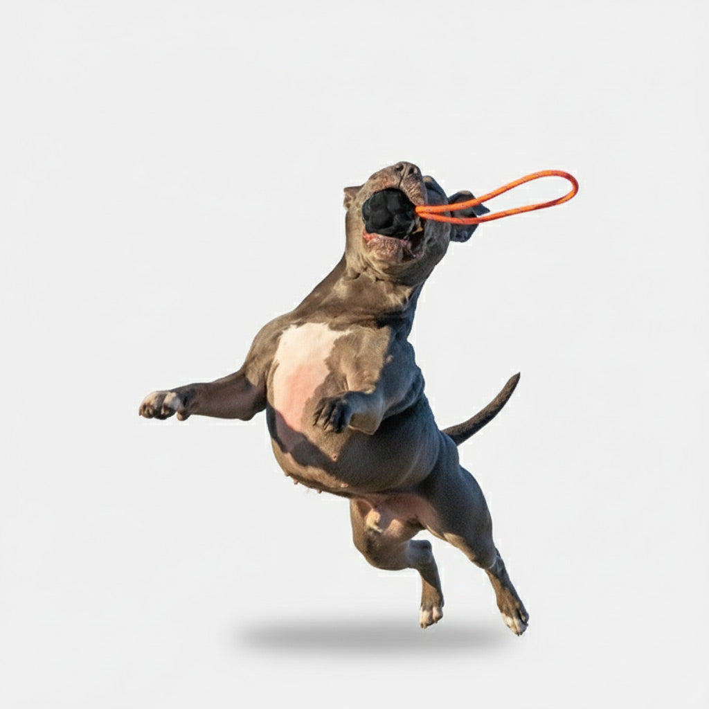 Pitbull dog playing with an indestructible toy on a white background