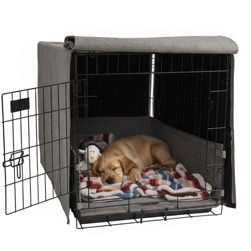 Puppy sleeping in a new crate