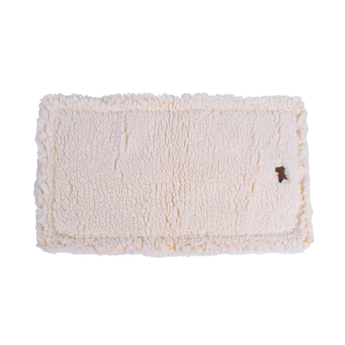 Beige sherpa dog cushion for crate and travel with textured surface on a white background