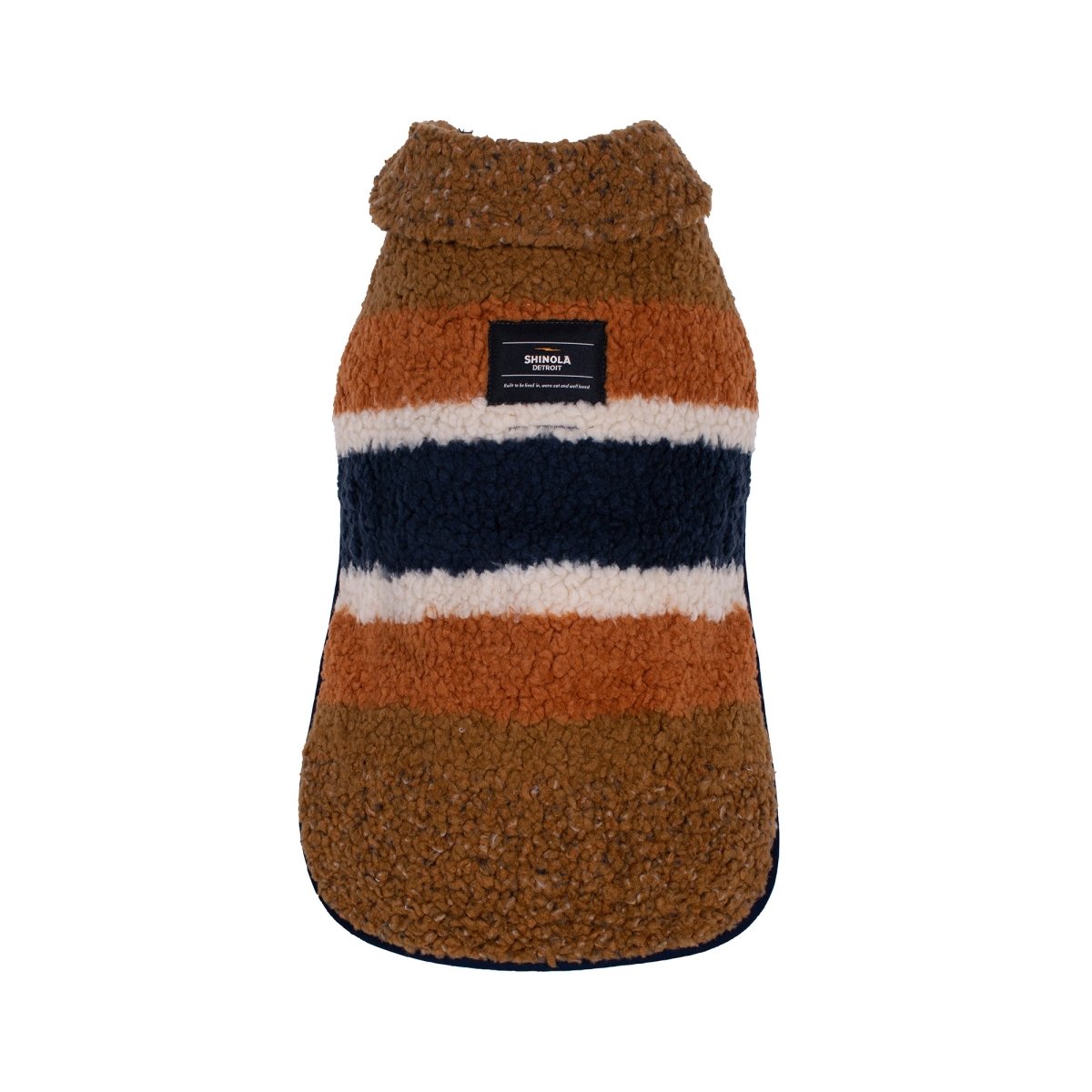 Shinola brand striped dog sweater with brown, blue, and white colors on a white background with designer label
