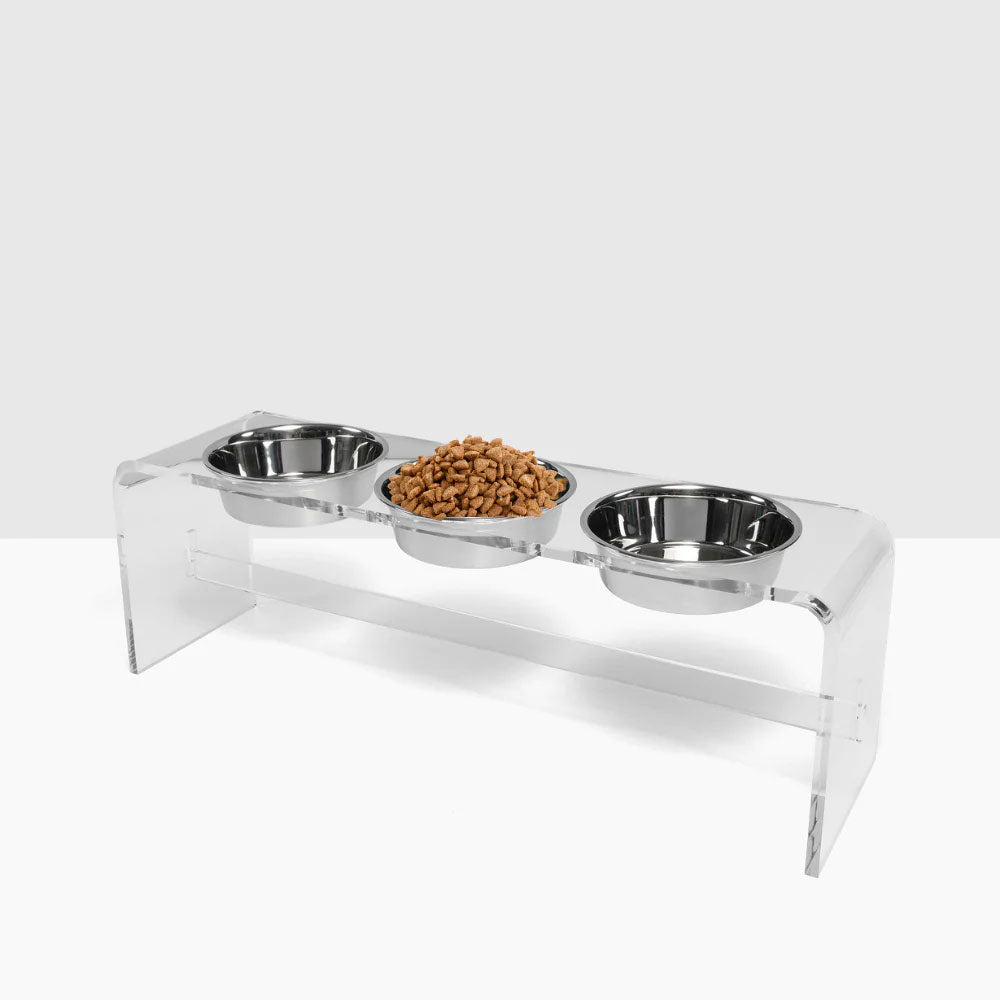 Three stainless steel dog bowls with acrylic stand