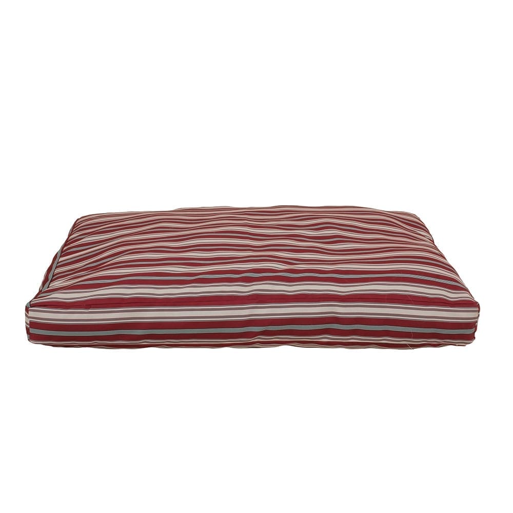Rectangular striped pet bed with red and beige pattern on a white background