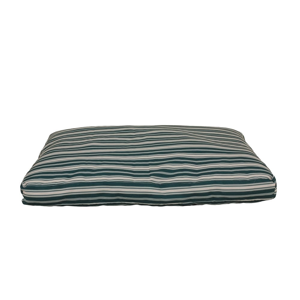 Rectangular striped pet bed with green and beige pattern on a white background