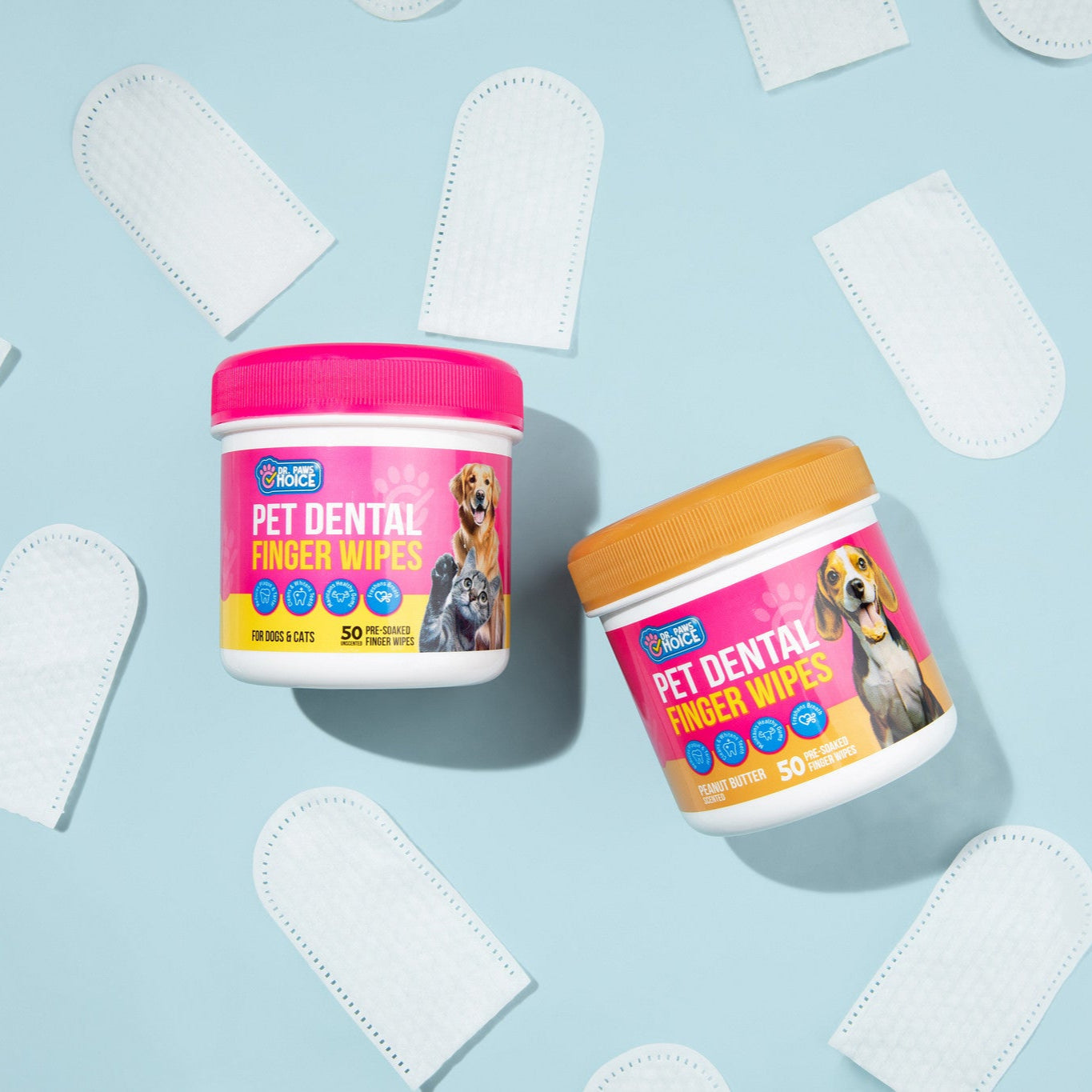 Two containers of pet dental finger wipes on a light blue background with additional wipes.