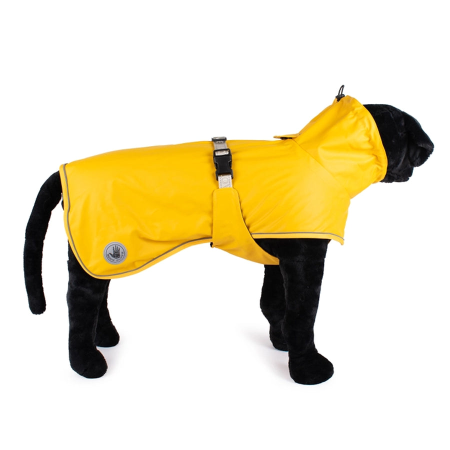 Large dog raincoat and jacket in yellow color with Body Glove logo.